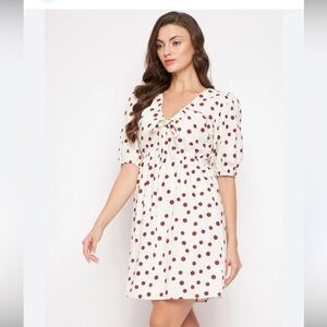 Sim & Sam Women’s Cream & Brown Polka Dotted Feminine Cotton Dress Size Large